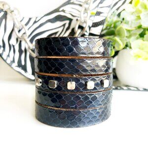 MishaGirl Handmade Navy Blue Snakeskin Cuff Bracelet, Silver Beads